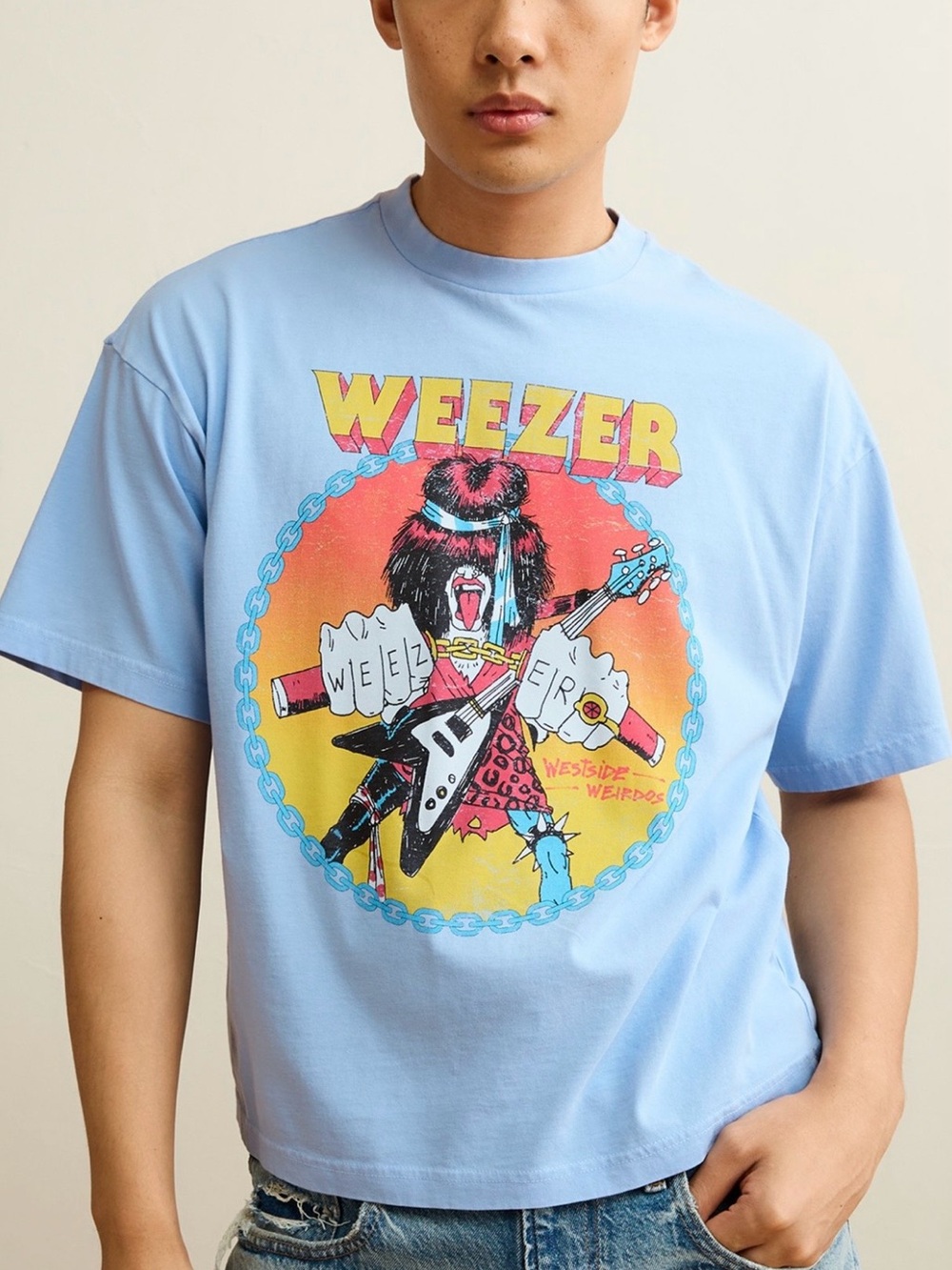 American Eagle Outfitters Weezer Graphic Tee - Light Blue with Multicolor Print